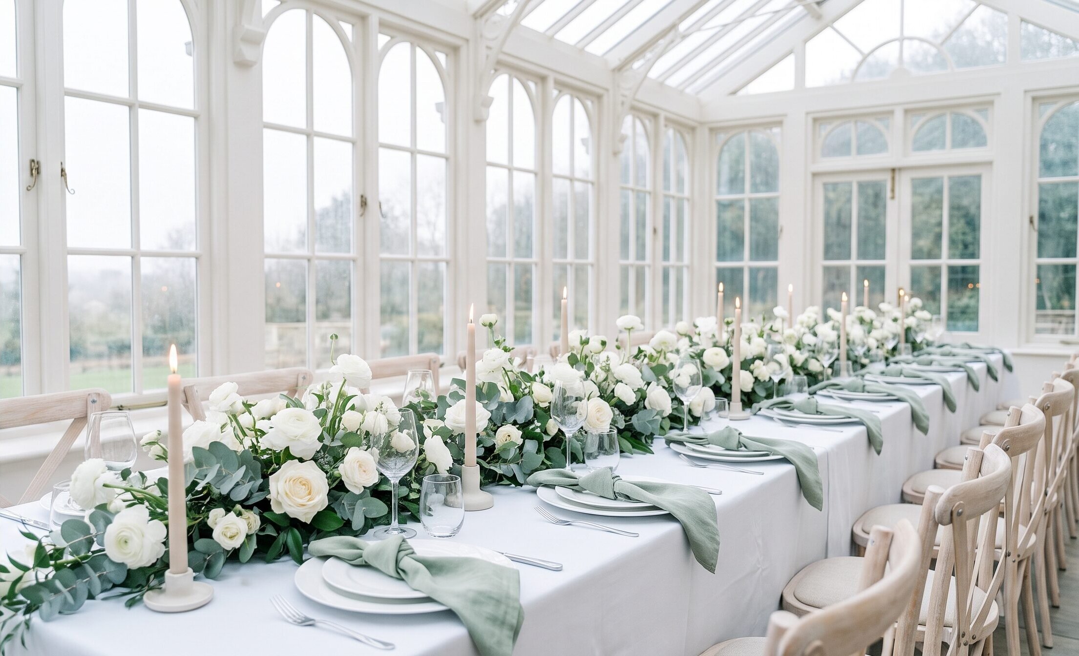 Long white wedding table with eucalyptus, sage napkins and candles in a bright orangery