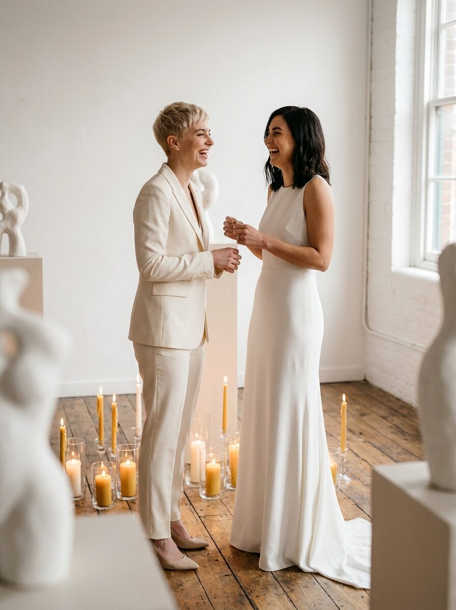 Two brides laughing together in a candlelit white gallery