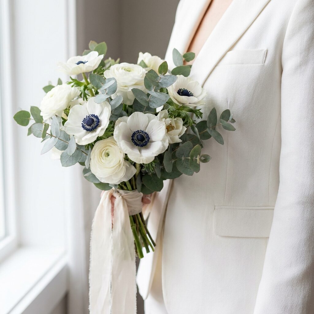 Bouquet of white anemones and eucalyptus tied with silk ribbon