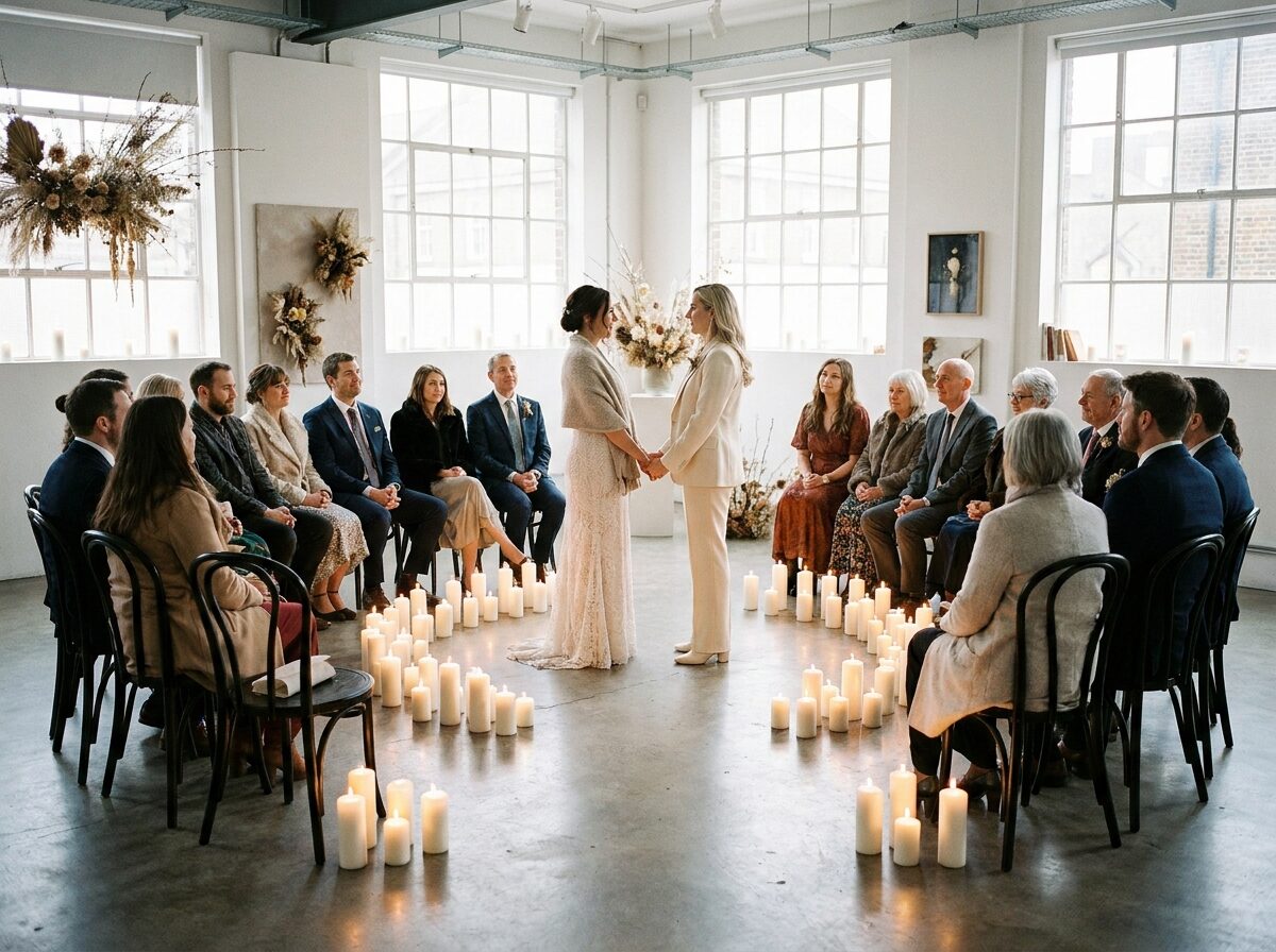 Ceremony in the round with candle clusters on the gallery floor