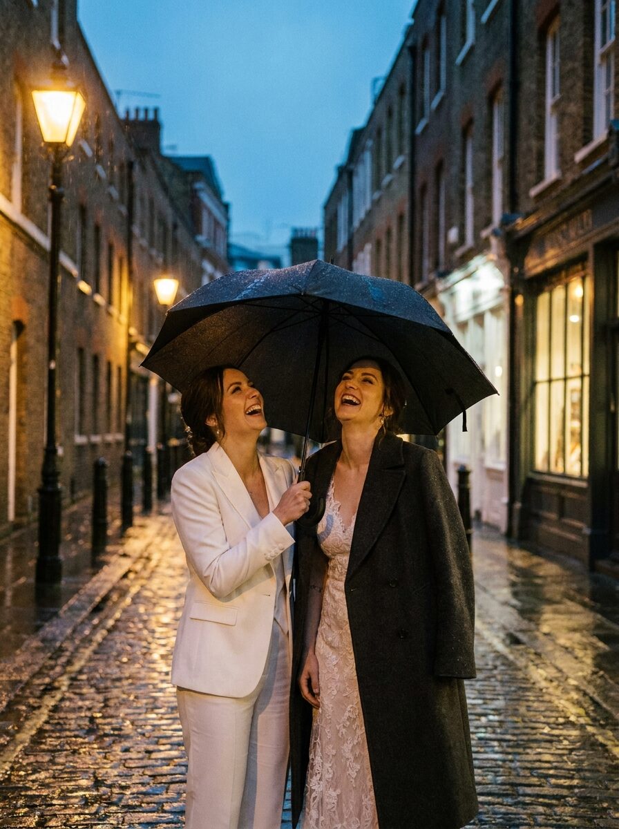 The couple under one umbrella on a wet Clerkenwell street at blue hour