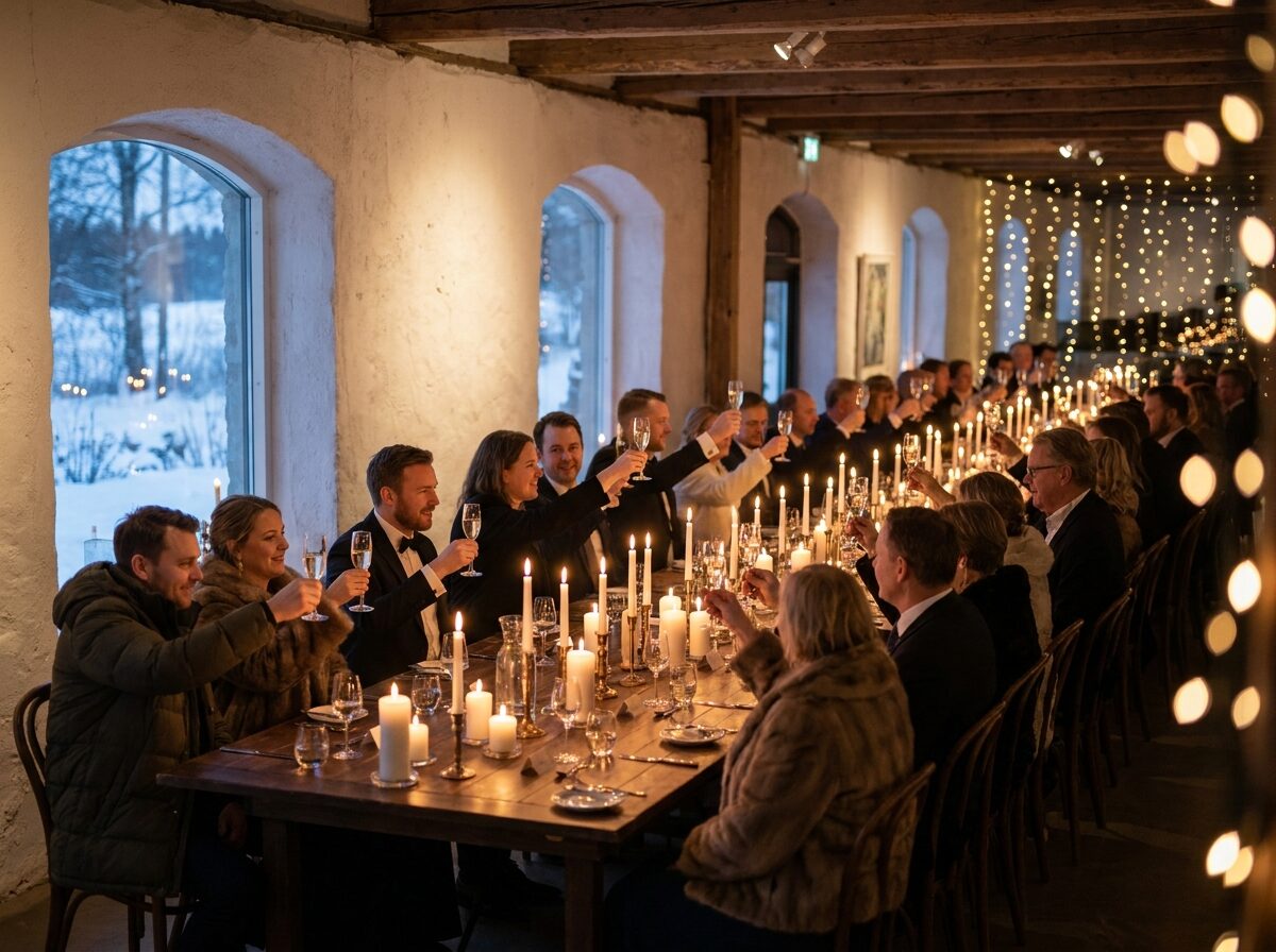 Guests raising a toast along the candlelit table