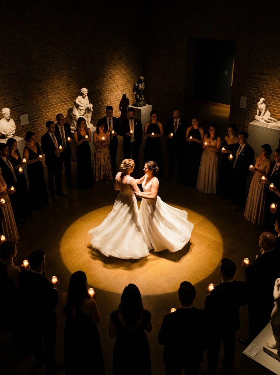 First dance under a single spotlight, guests holding candles
