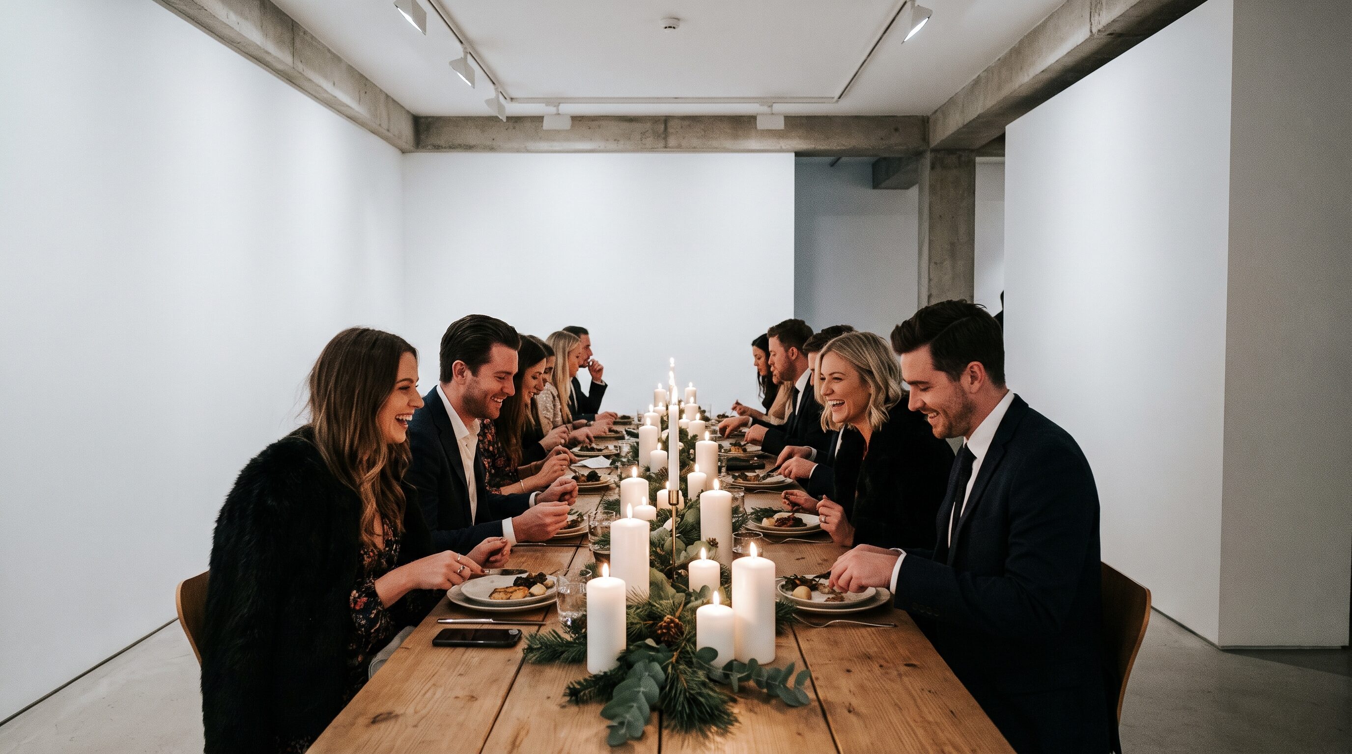 Candlelit winter wedding table in a white gallery space
