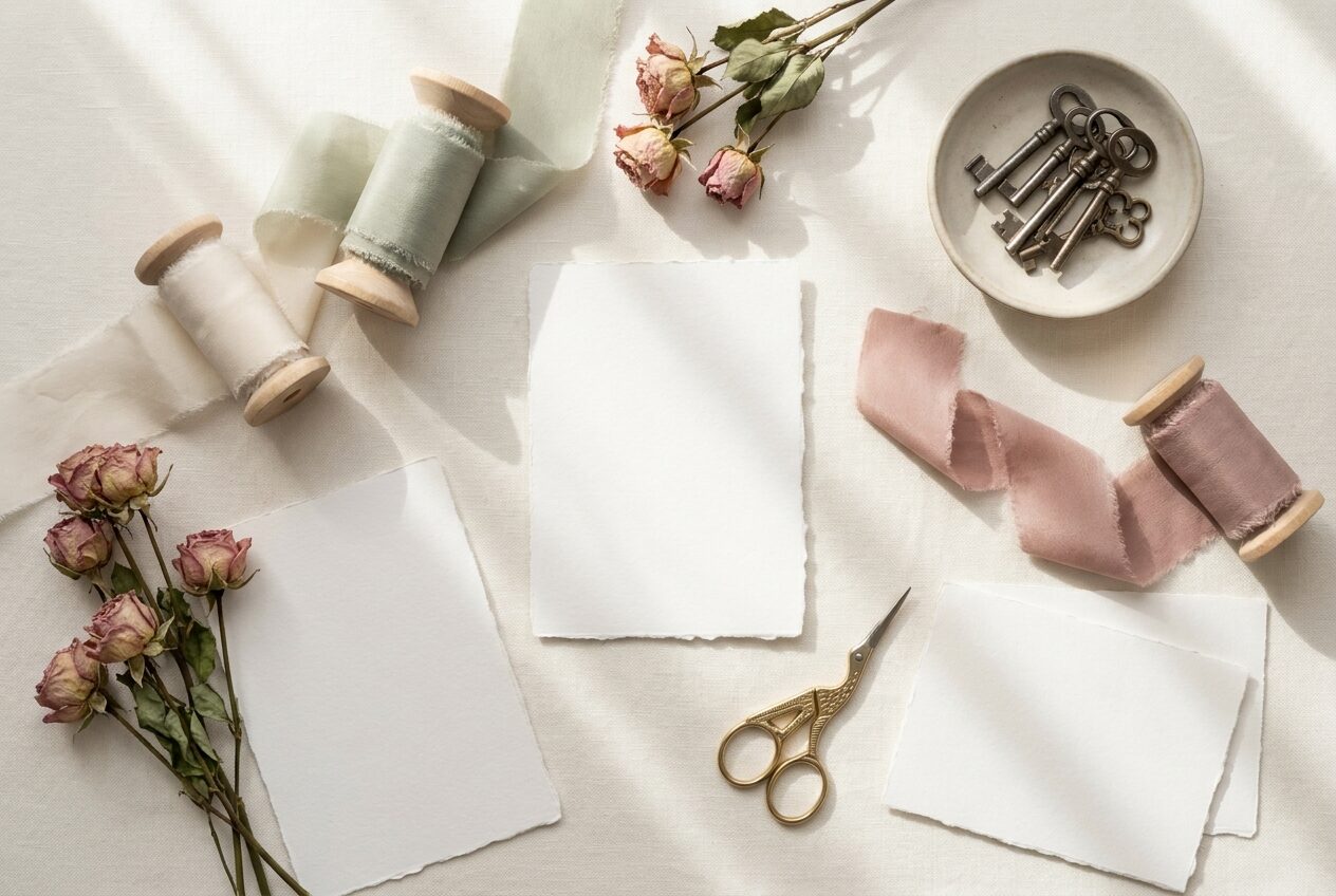 Planning worktable with blank letterpress cards and silk ribbon