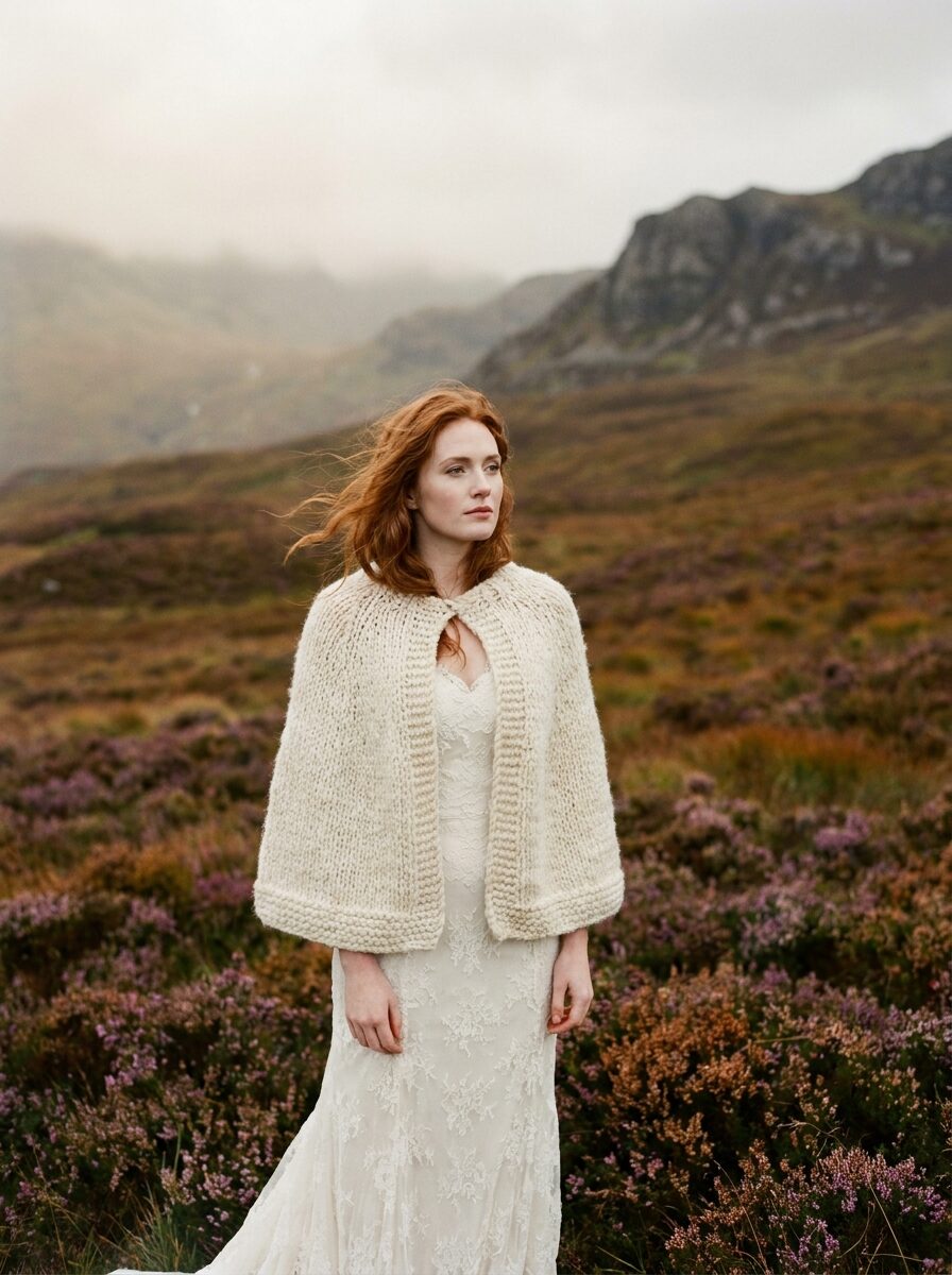 Bride in an ivory gown and wool cape on heather moorland