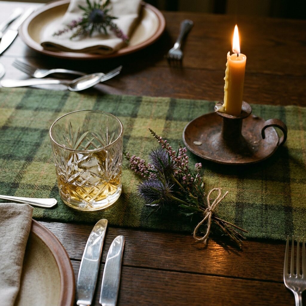 Place setting with whisky, thistle and tartan runner