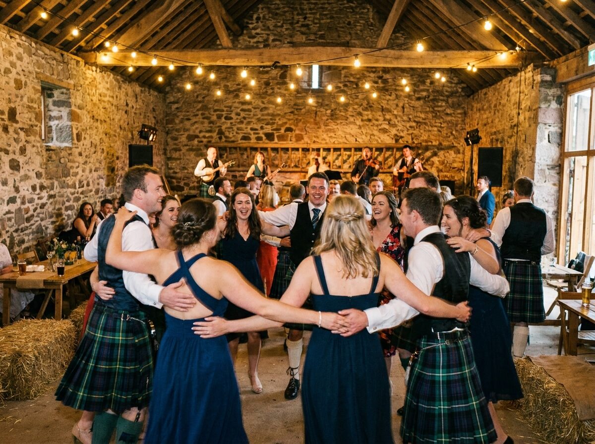 Ceilidh dancing in the barn under warm festoon bulbs