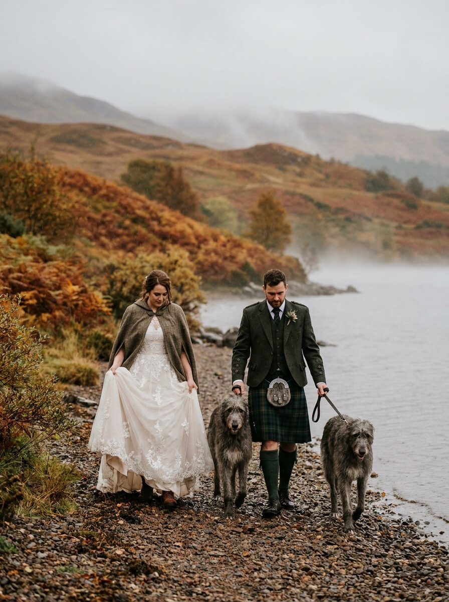 Couple walking two deerhounds along the misty loch shore
