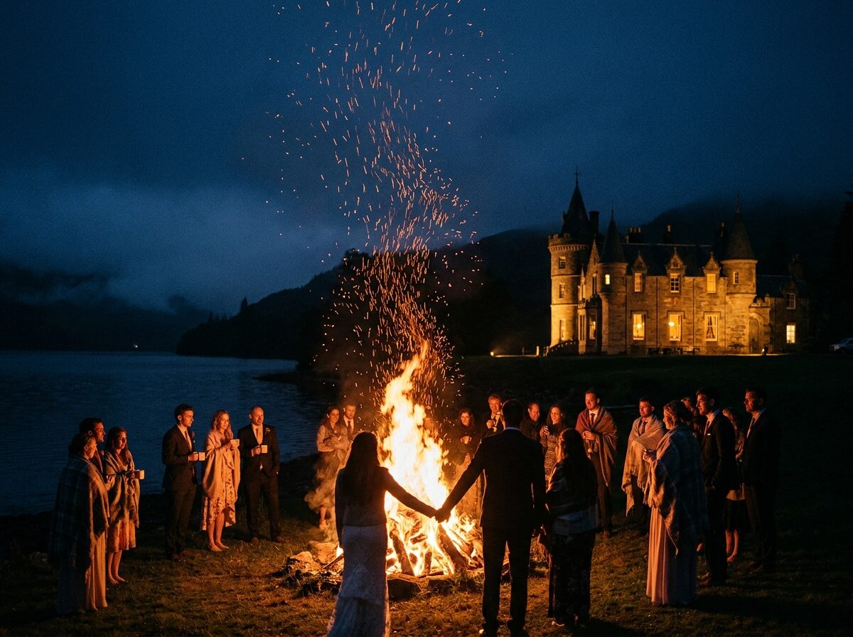 Guests around a bonfire beside the loch at night