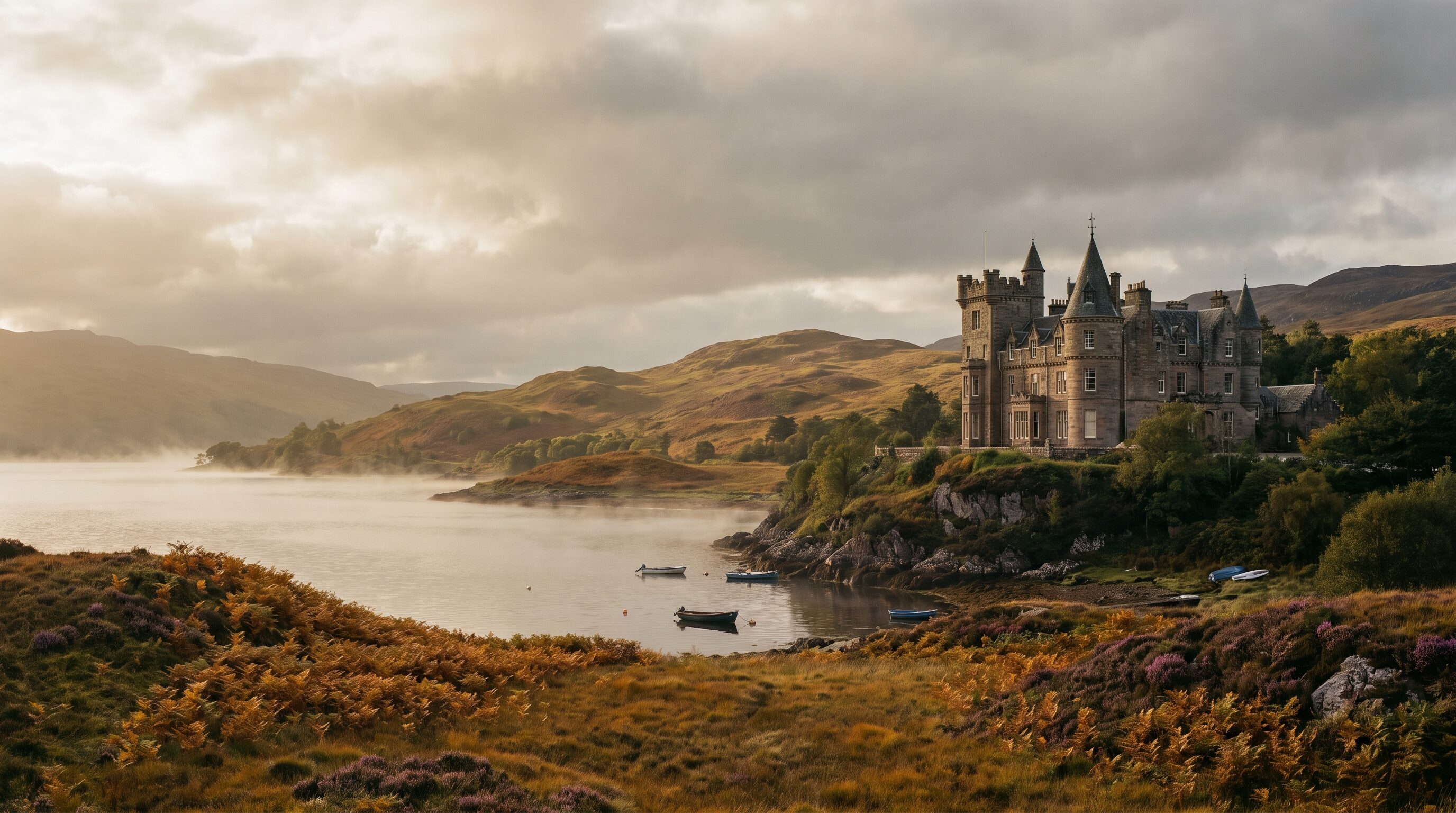 Scottish baronial house above a still loch in autumn