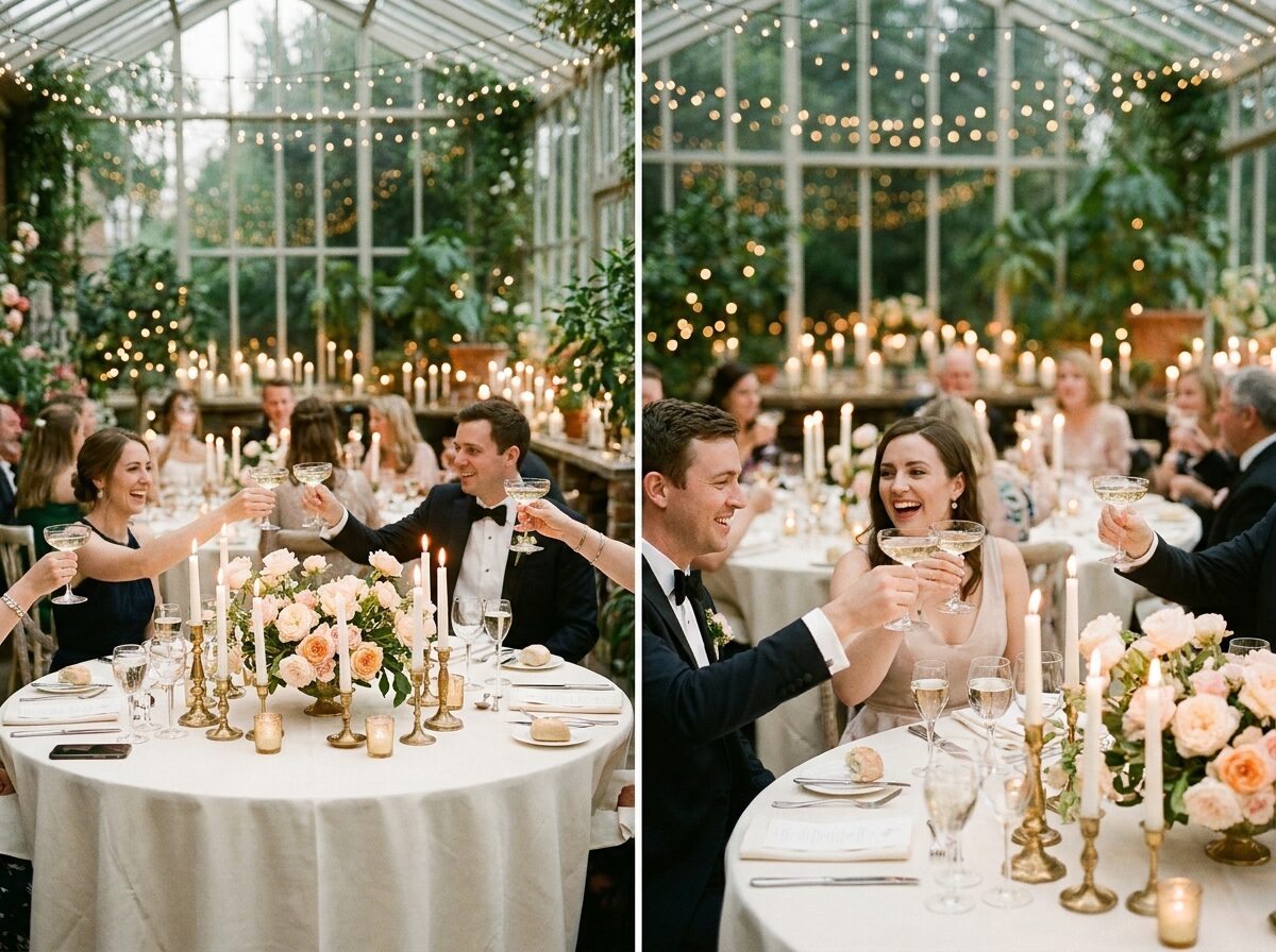 Guests raising glasses at a candlelit dinner party