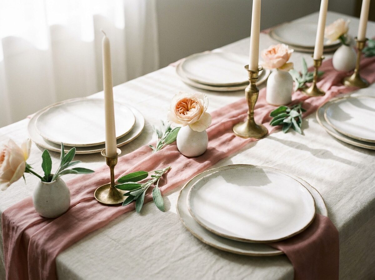 Styled wedding tablescape with ceramics and taper candles