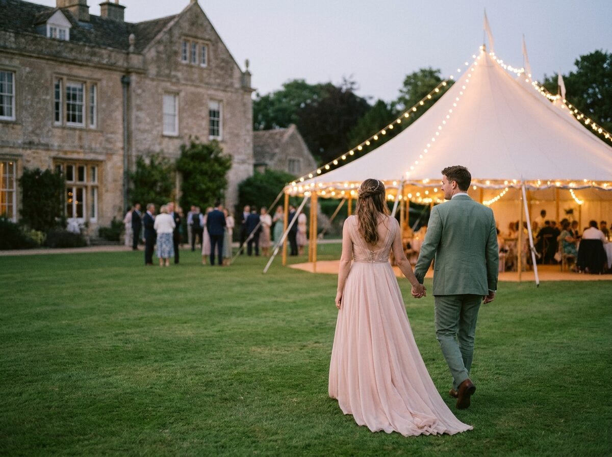 Bride and groom walking towards a marquee at dusk