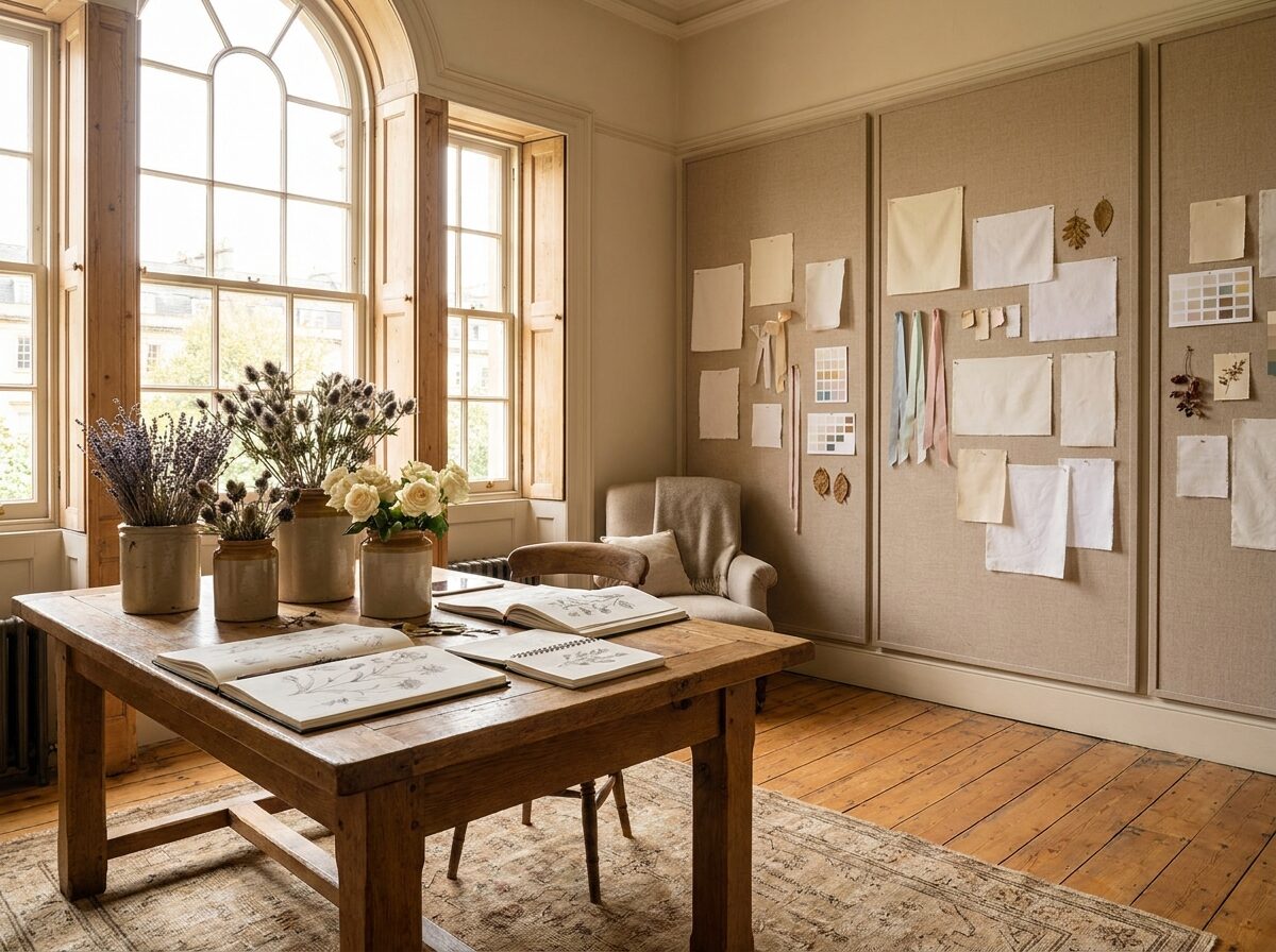 Sunlit Georgian studio with moodboards and an oak worktable