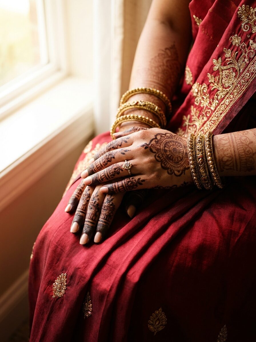 Fresh henna patterns and gold bangles on the bride's hands