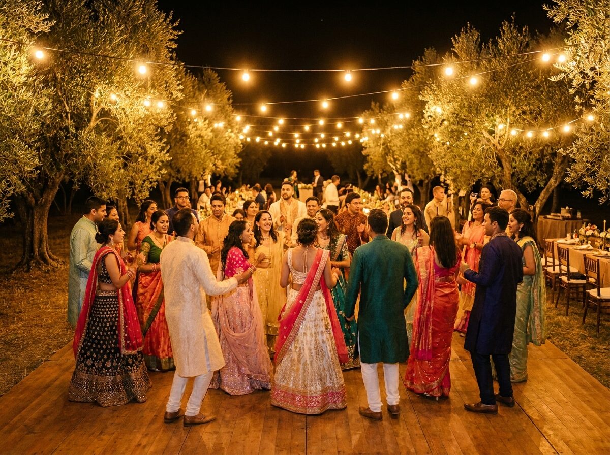 Sangeet dancing under festoon lights in the olive grove