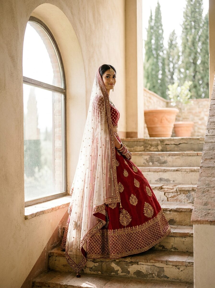 Bride in a red and gold lehenga on a Tuscan villa staircase