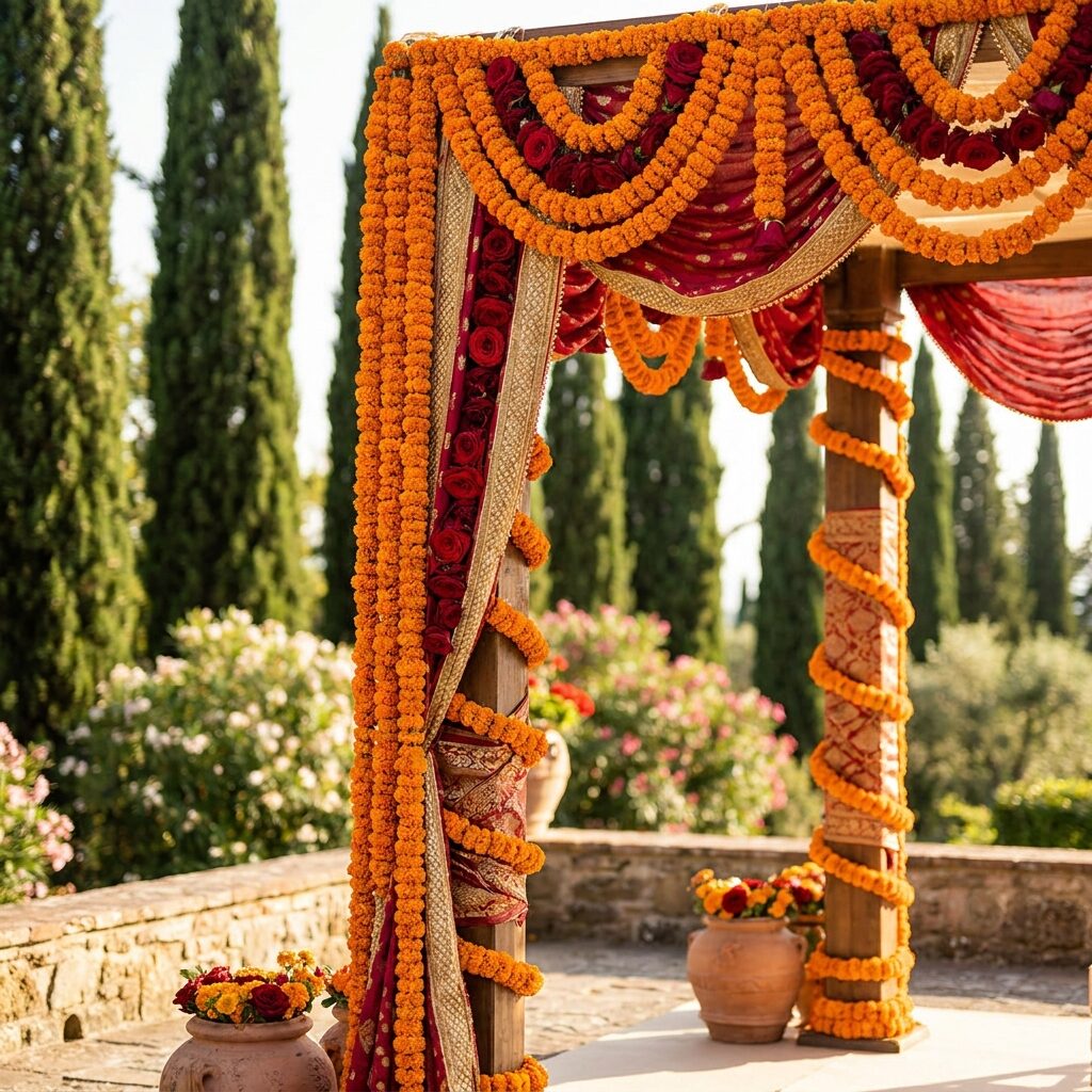 Mandap detail of marigold garlands and gold-edged fabric