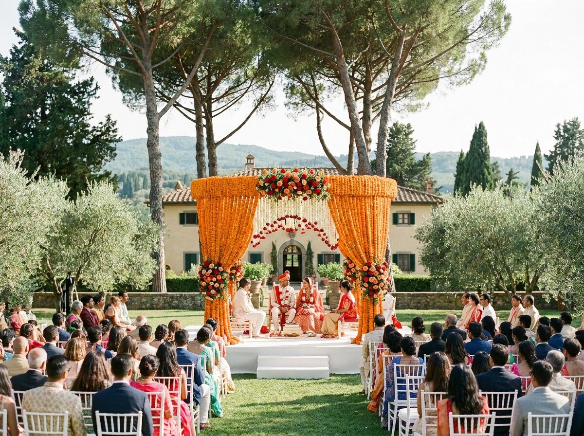 Ceremony under a marigold mandap in the villa garden