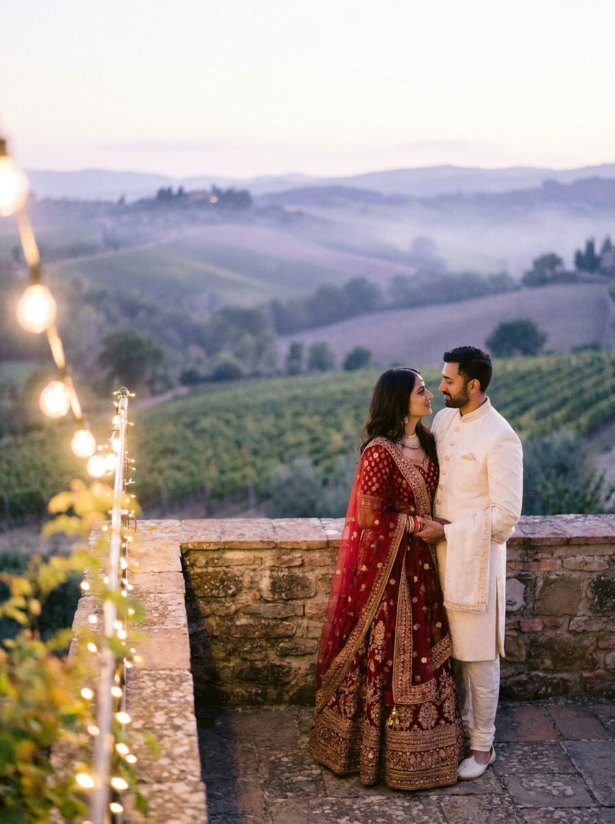 Couple at dusk on the terrace above vineyard hills