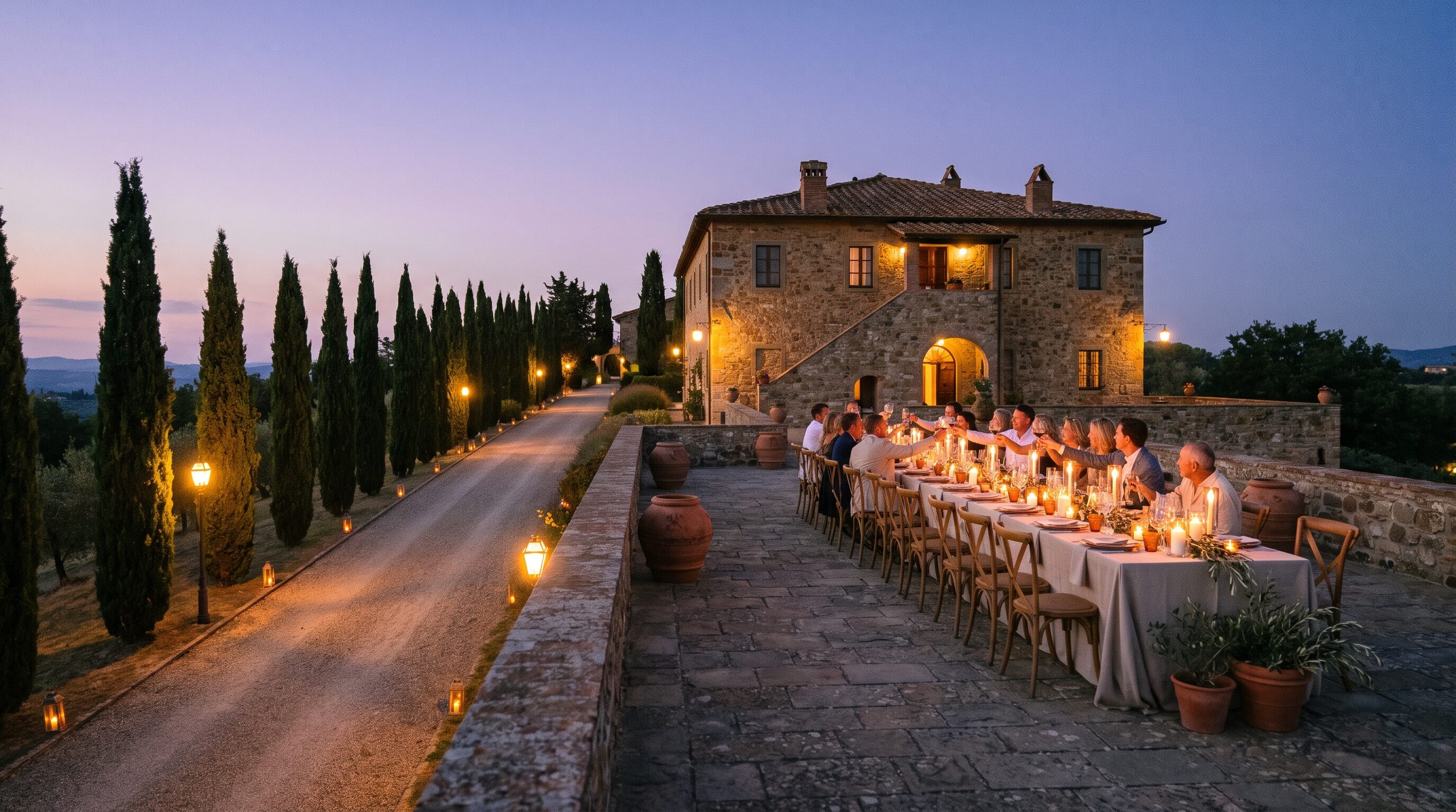 Tuscan villa terrace set for a candlelit wedding dinner