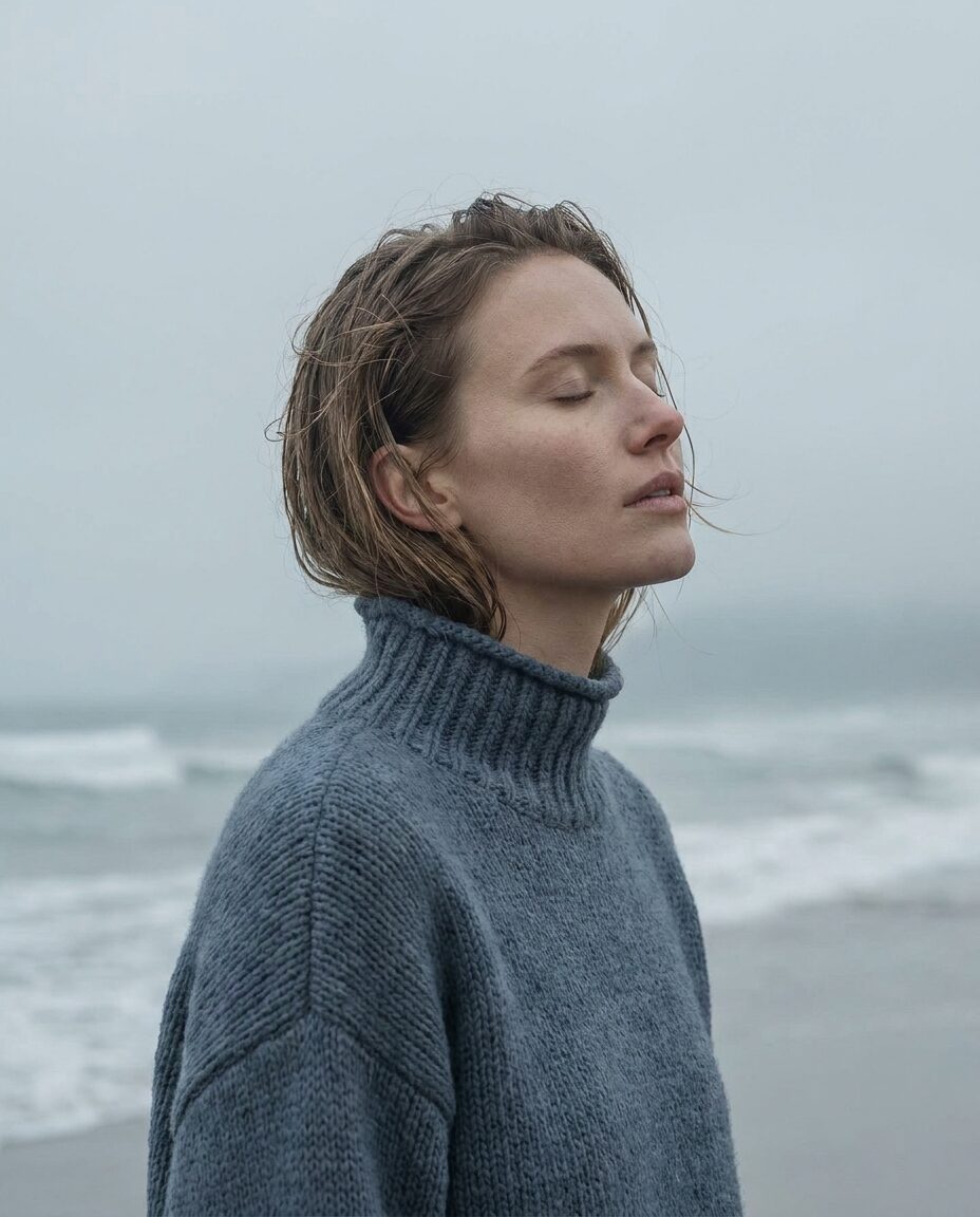 A woman in a slate-blue high-collared knit facing the wind with eyes closed