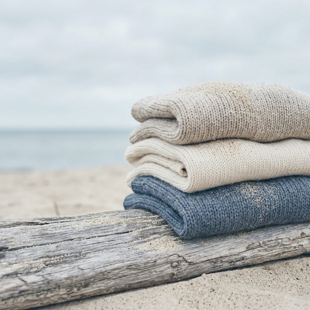 Folded knitwear stacked on weathered driftwood