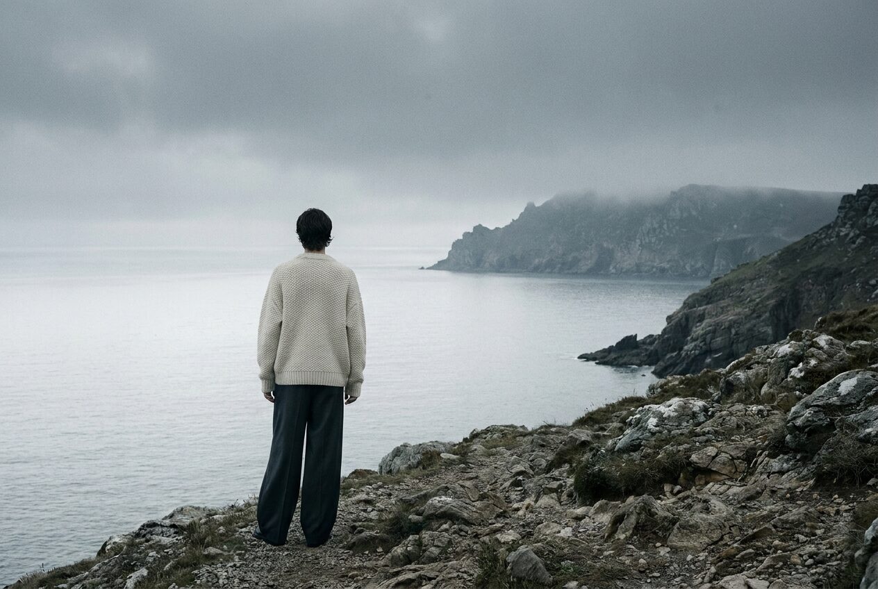A model in a cream fisherman's jumper seen from behind, watching a flat silver sea