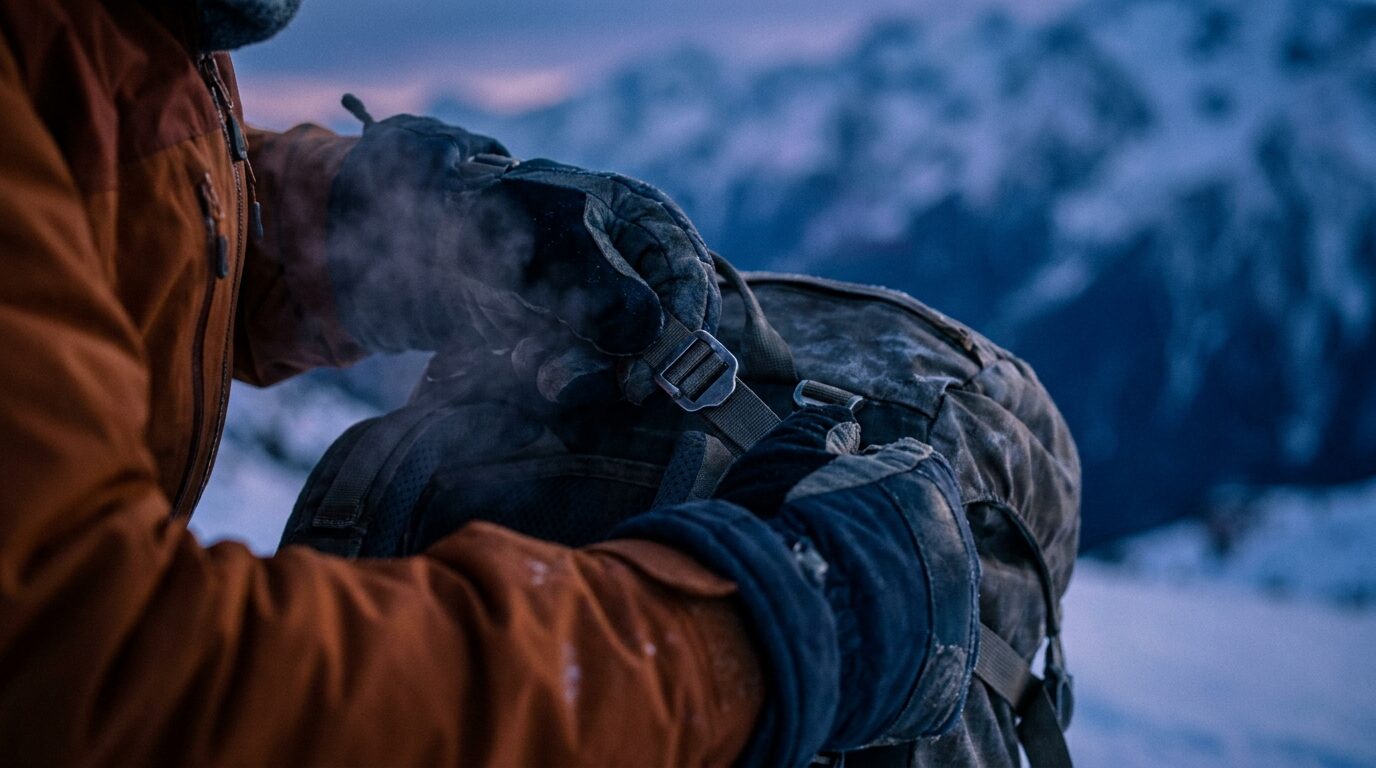 Gloved hands cinching a rucksack strap in cold air