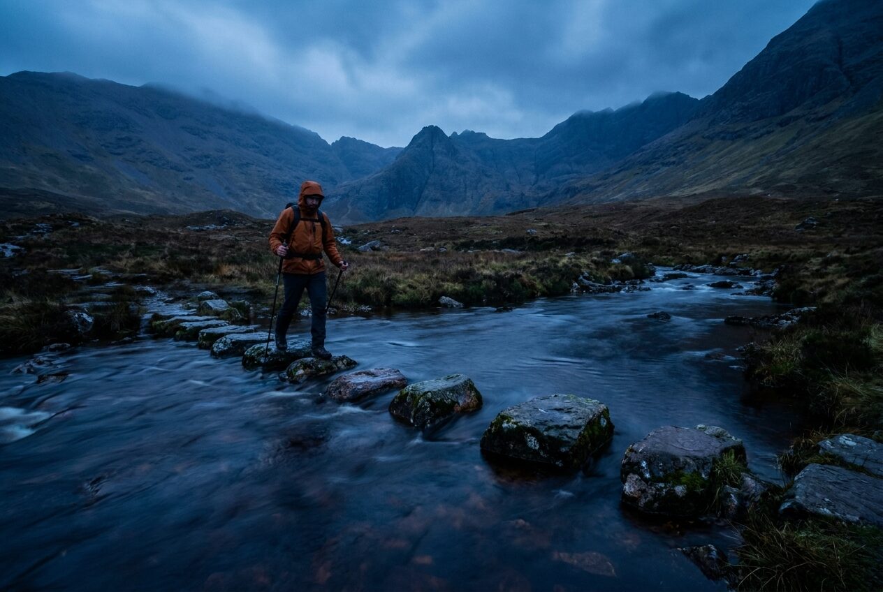 Walker crossing a peat stream at dusk