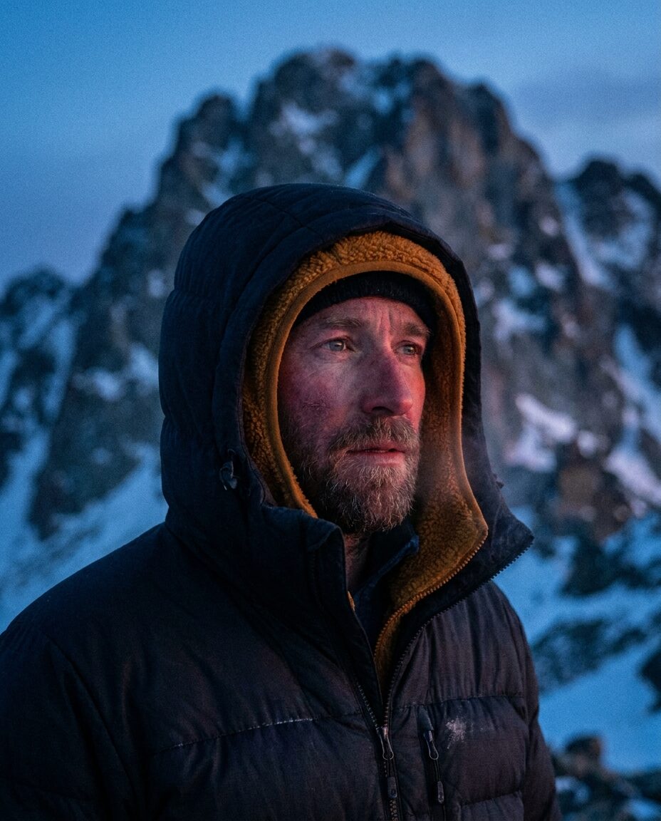 Portrait of the walker with hood up, wind-stung cheeks, distant gaze