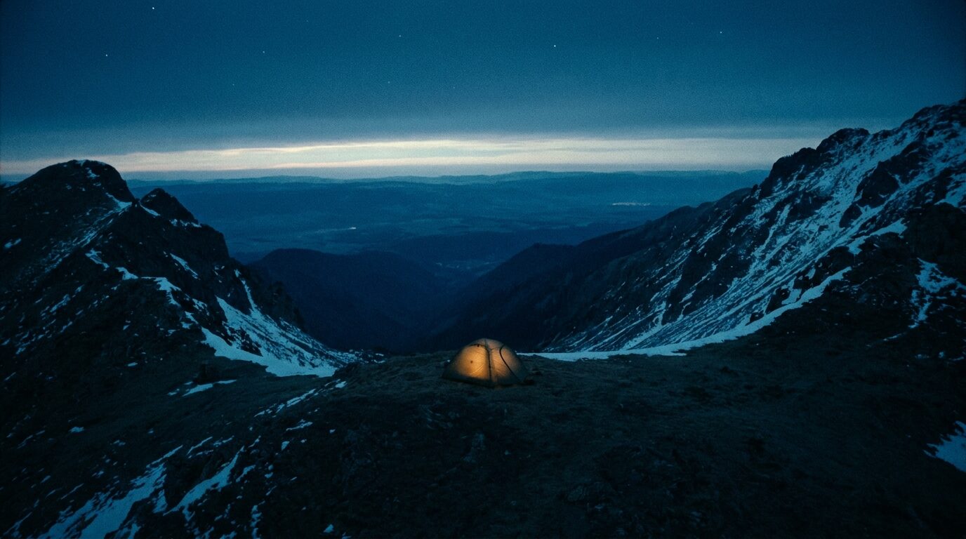 Tent glowing amber on a dark mountain saddle at dusk