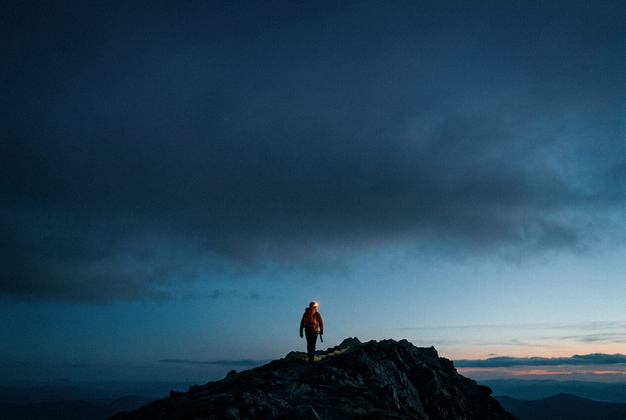 Walker on a ridgeline into thickening dusk
