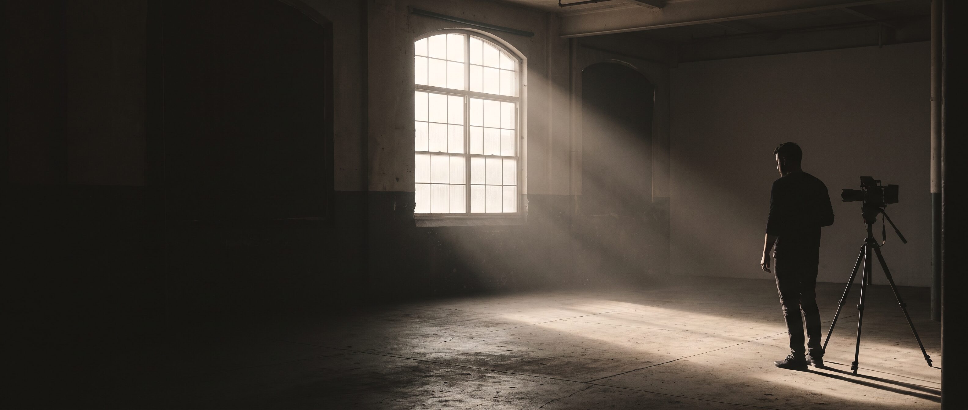 A photographer standing in a shaft of window light inside a vast dim mill studio