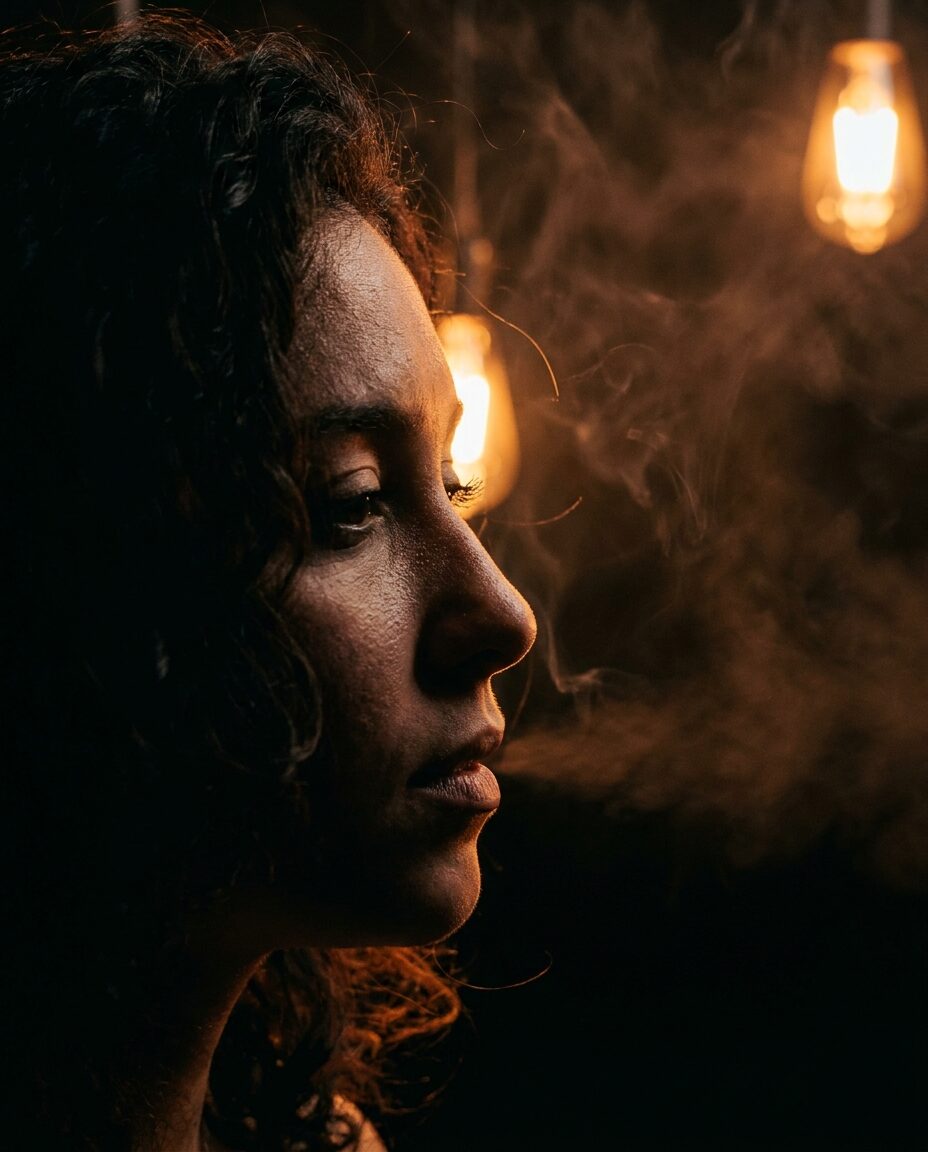 Profile of a singer half-lost in shadow, tungsten light tracing her jaw