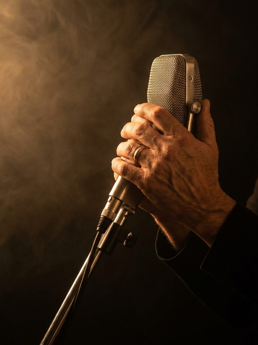 Hands and a ribbon microphone in a pool of warm light, everything else black