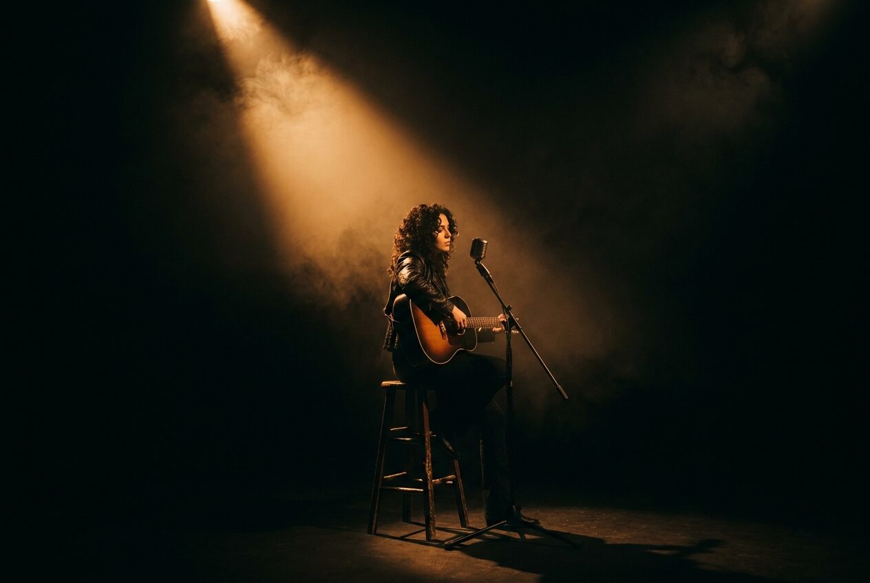 Lyra small on a stool in a wide black void, one pool of light, smoke at the beam edges