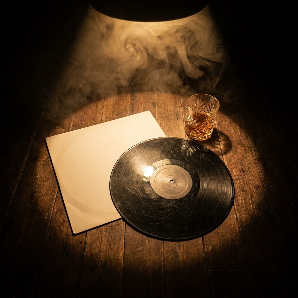 A vinyl record, blank sleeve and glass of whisky on dark boards in tungsten light