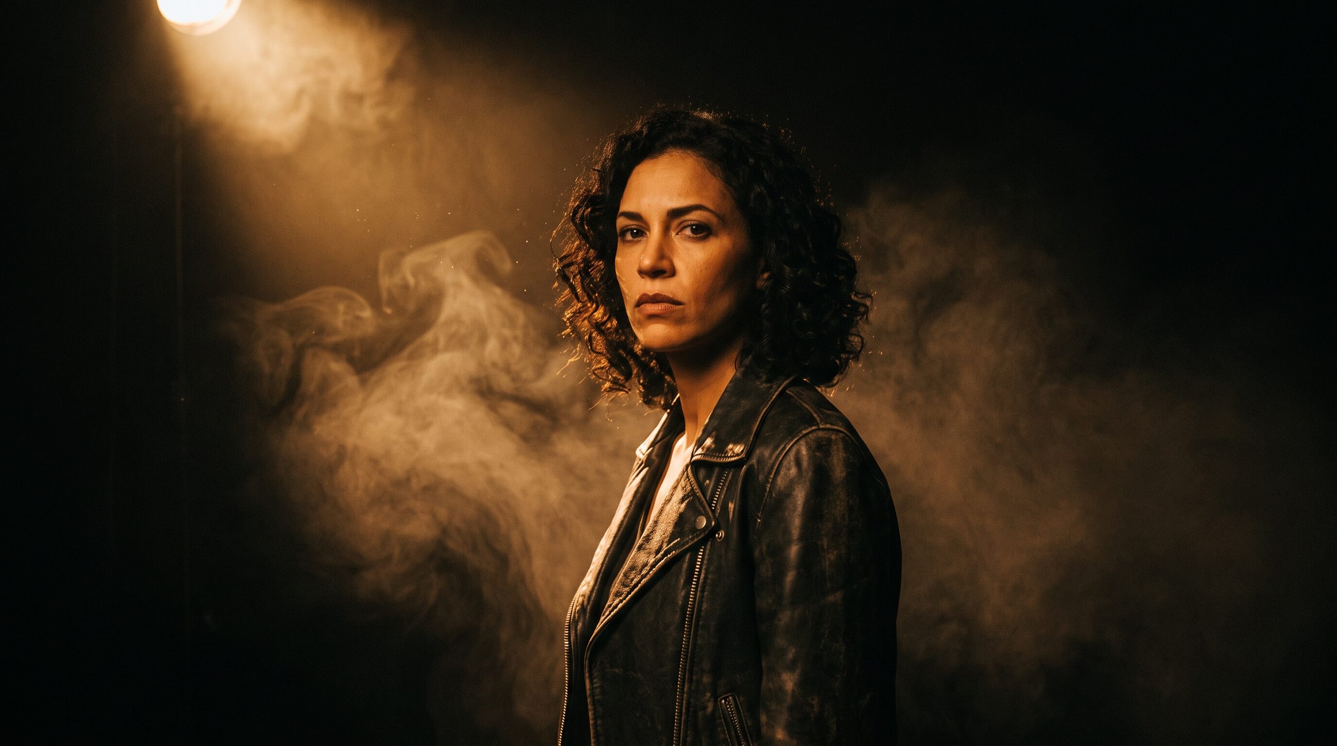 Singer standing in drifting smoke lit by one tungsten beam