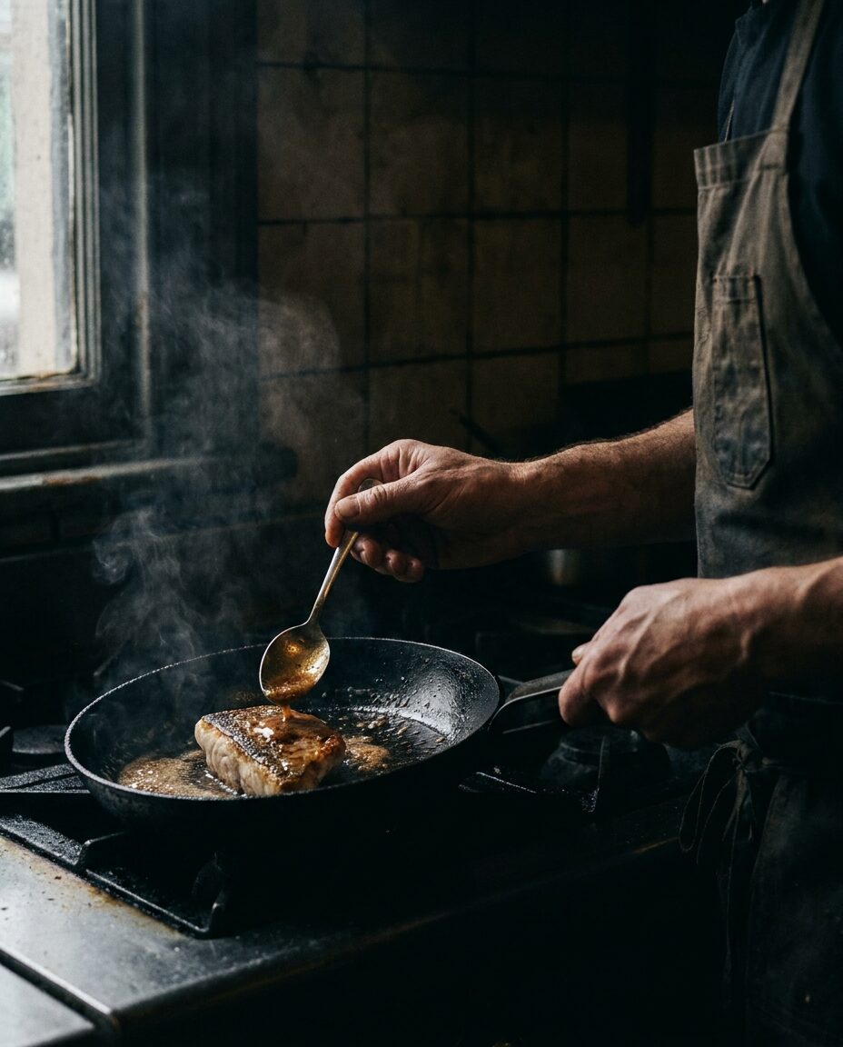 A chef's hands spooning brown butter over a fillet in a carbon steel pan