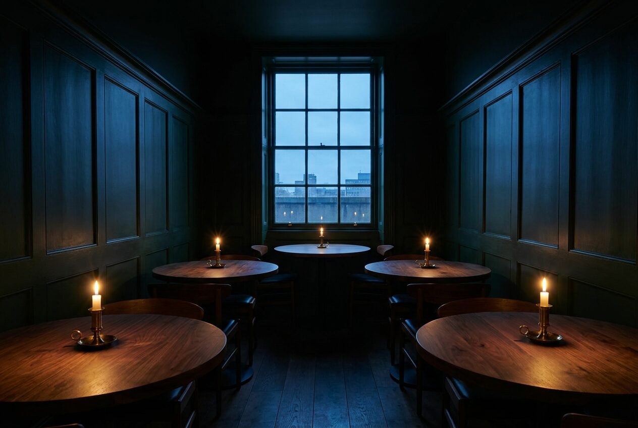Empty candlelit dining room at dusk