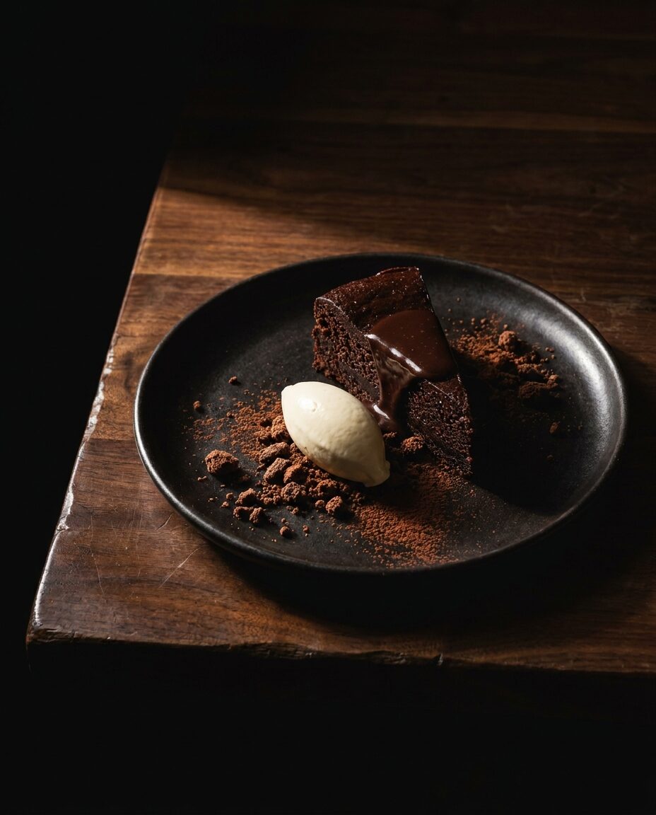 Dark chocolate and stout dessert on a black ceramic plate in hard side light