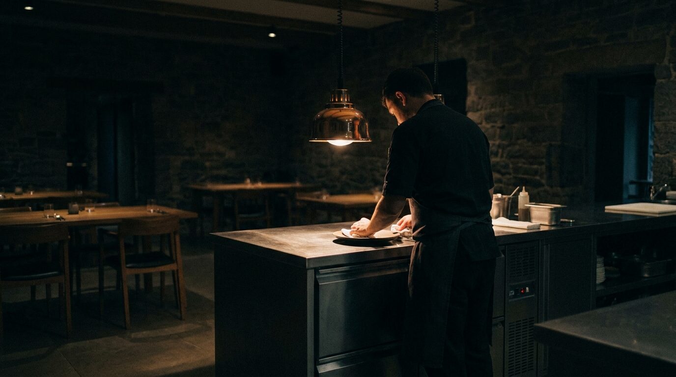 The chef alone at the pass wiping a plate rim under one pool of tungsten light