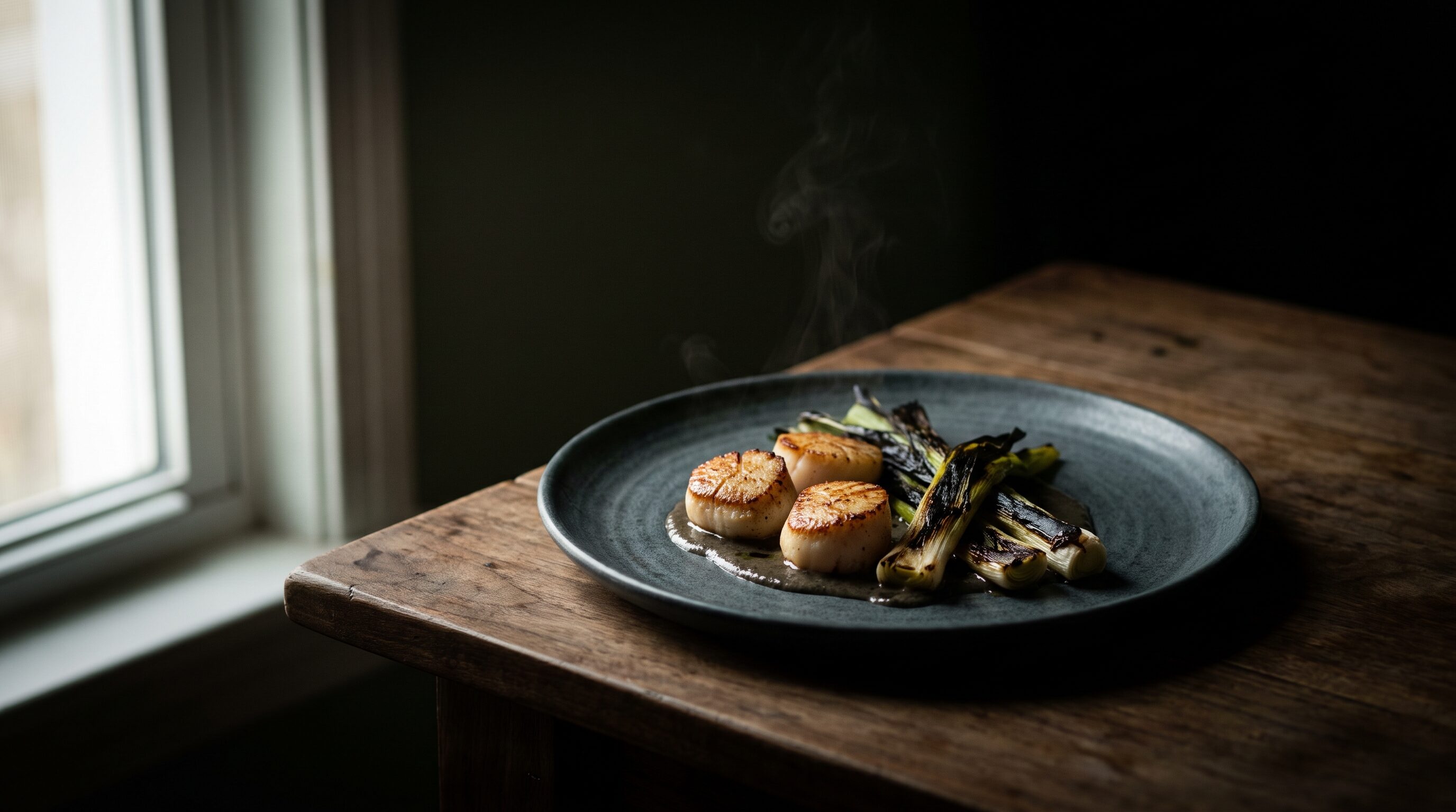 Seared scallops on a slate plate in deep side light