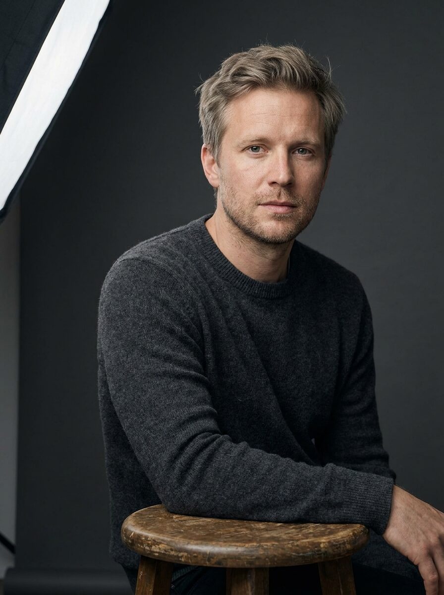 Isak Halden seated against a grey backdrop in soft key light