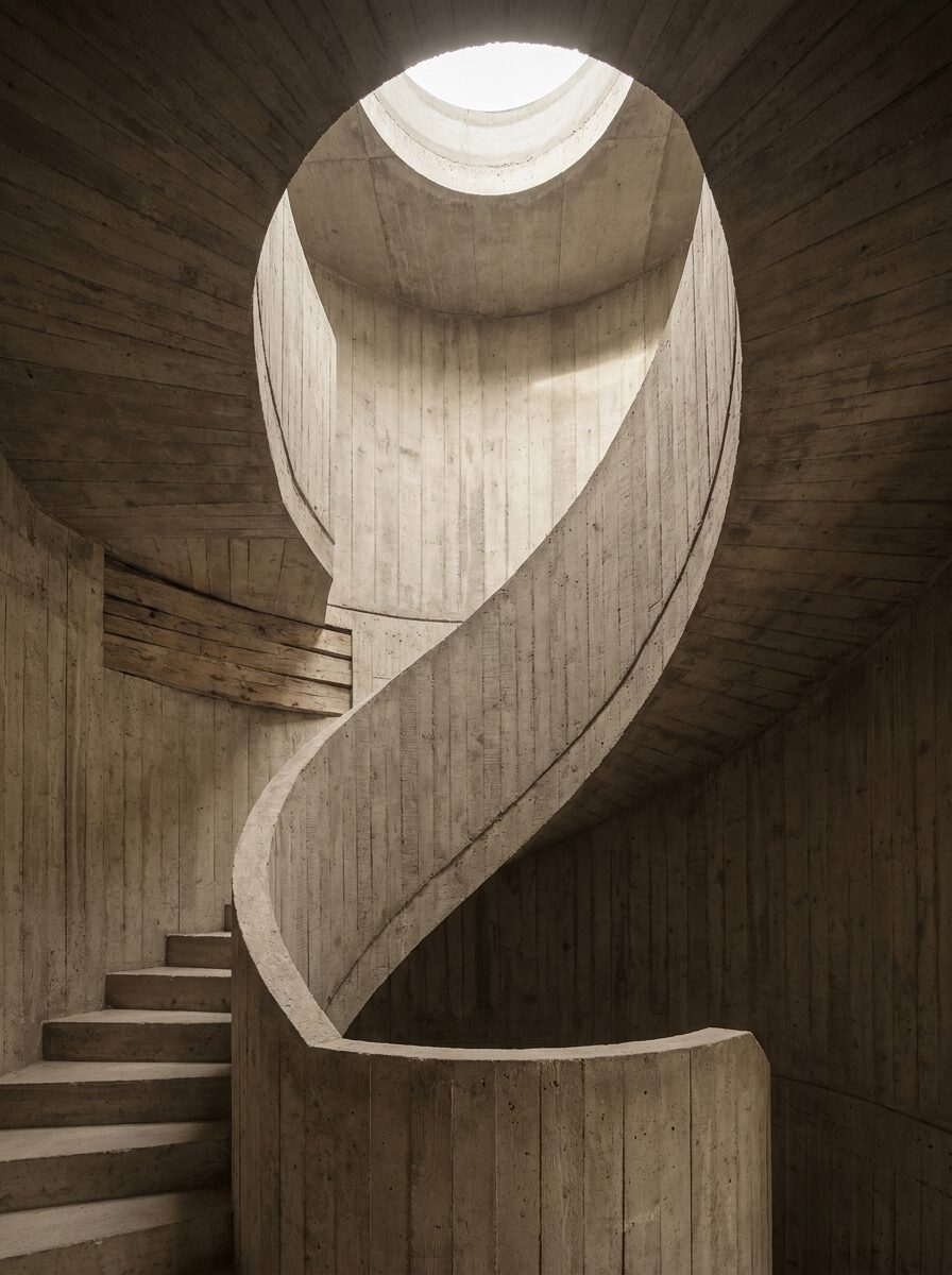 Board-marked concrete stairwell lit softly from above