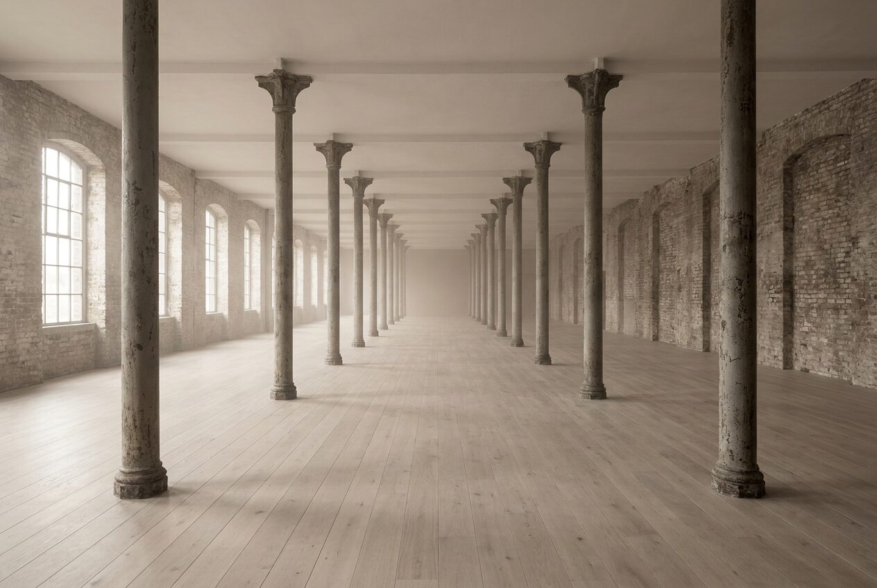 An open floor of cast iron columns in soft haze, oak floor meeting old brick