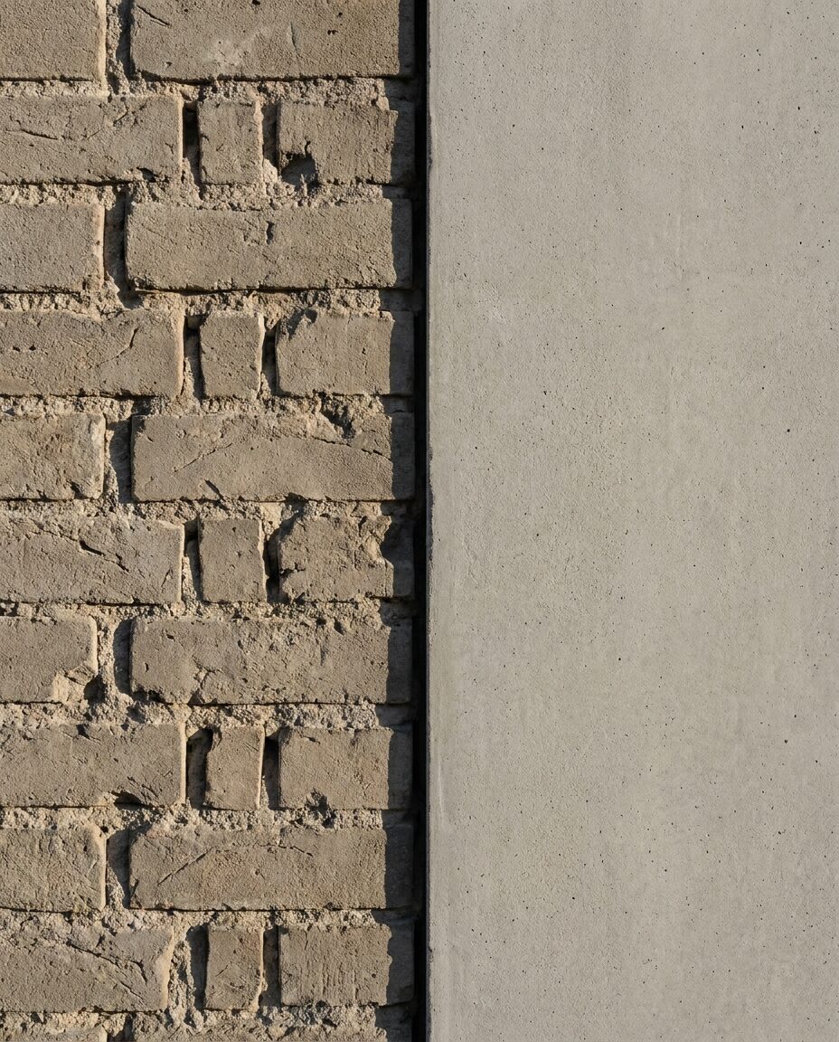 Close abstract of weathered brick meeting smooth new concrete in a vertical seam