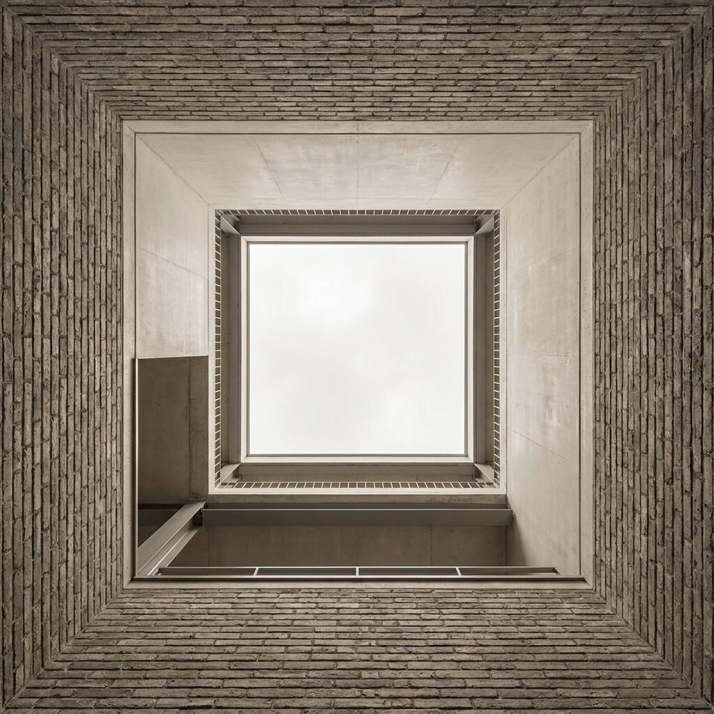 Looking straight up an internal lightwell at a square of white sky